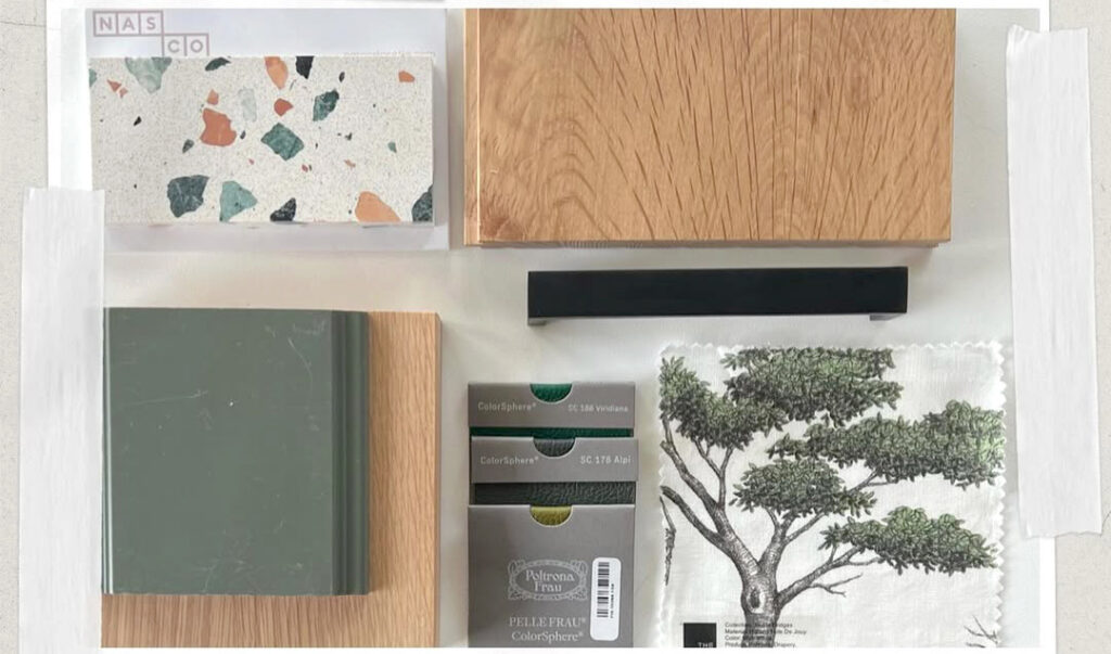 Mood board featuring white oak cabinetry, neutral textures, and modern interior inspiration.
