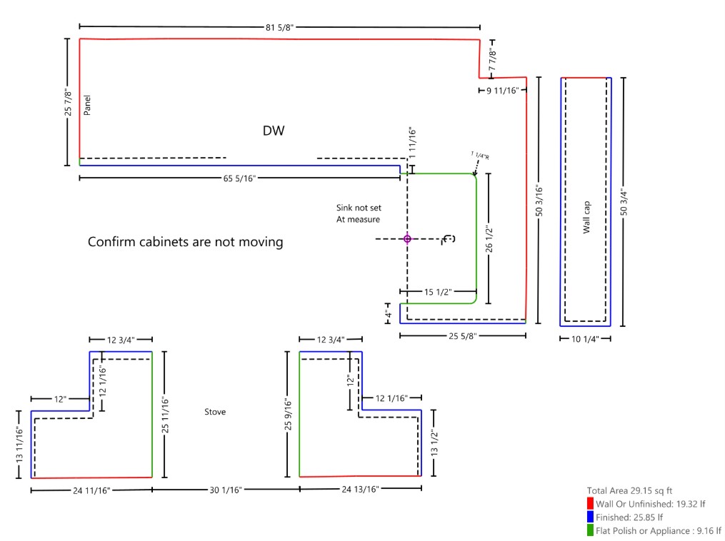 Final design review drawing for custom hardwood countertop layout and seam coordination