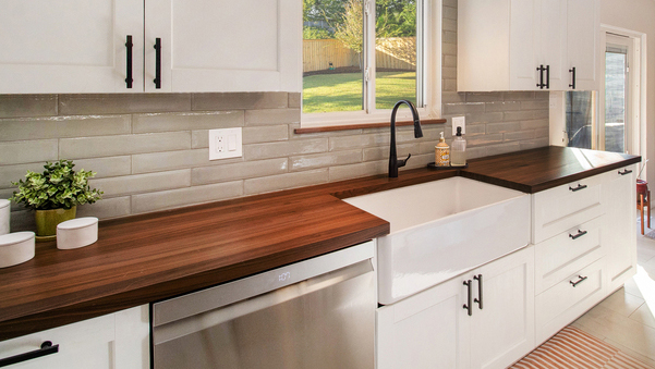 Walnut edge grain countertop with integrated farmhouse sink
