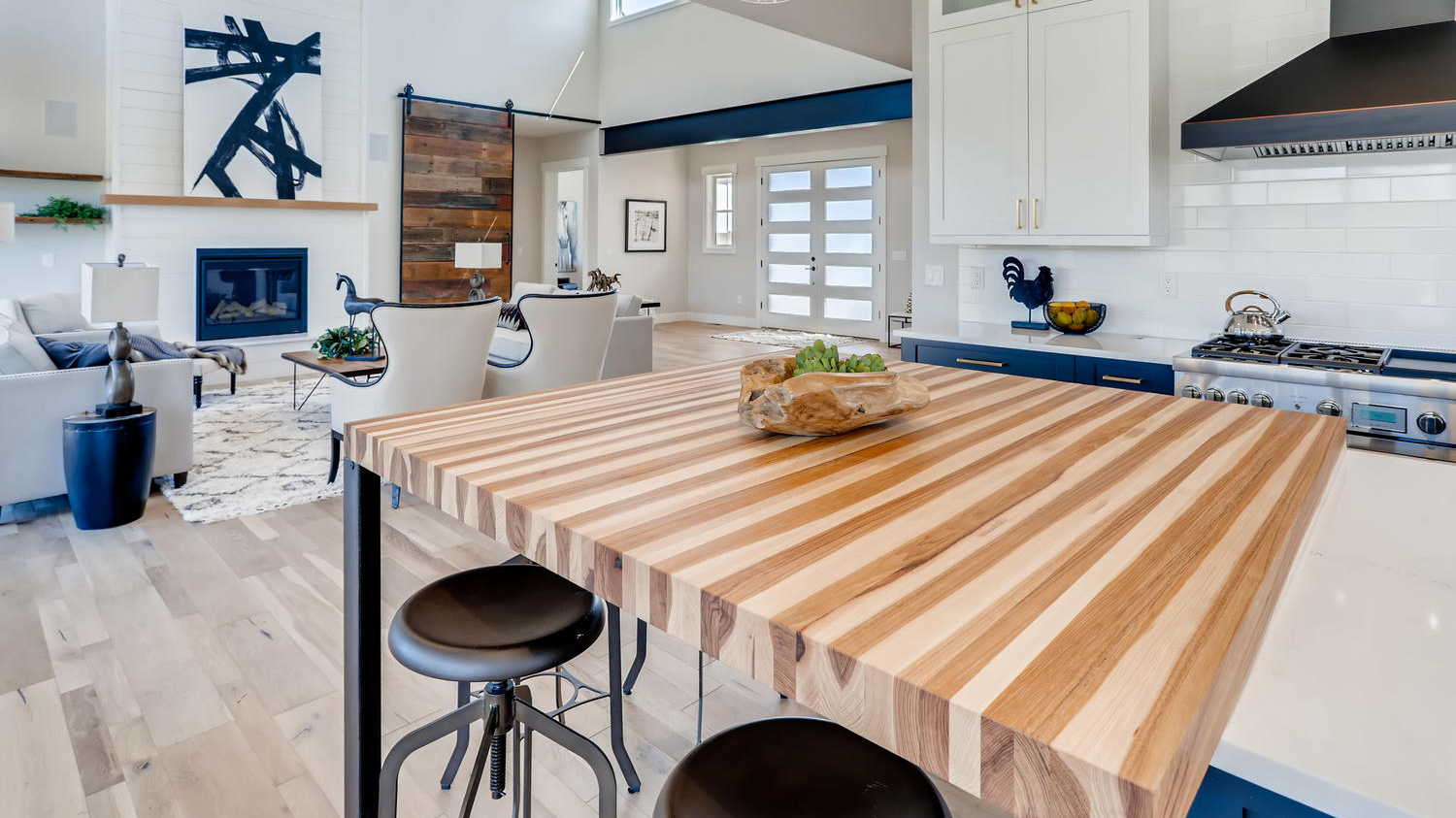 Calico hickory edge grain butcher block dining extension seen from the kitchen entry