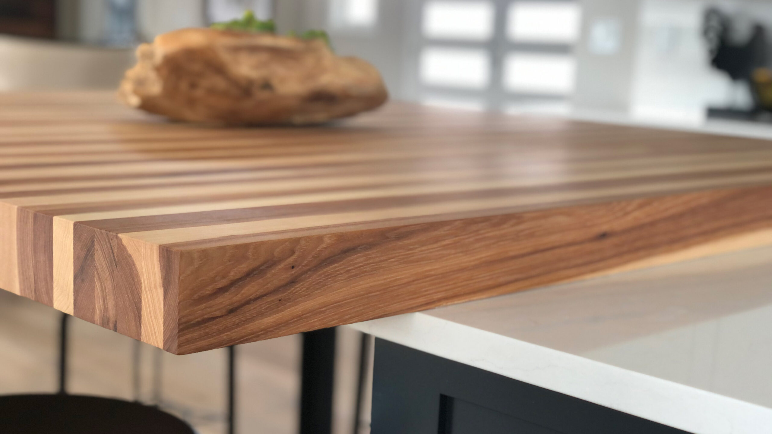 Calico hickory edge grain butcher block, 2 3/4 inch square eased edge and color variation